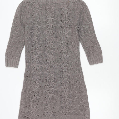 Monsoon Women Grey Knit Tunic Jumper Size S Scoop Neck Long Sleeve