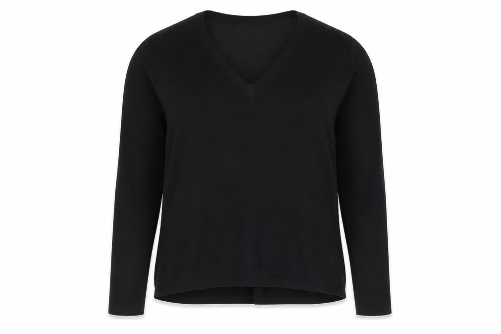 Front view of Zara Women Black L V-Neck Long Sleeve jumper Knit