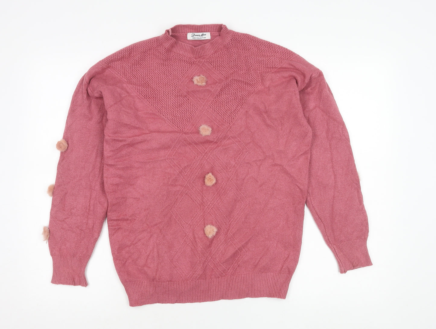 Donia Max Womens Pink Crew Neck Pullover Jumper One Size Fur Trim