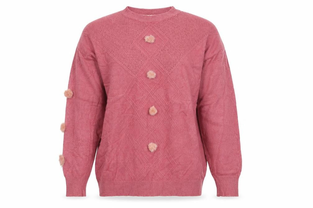 Front view of Donia Max women’s pink crew neck jumper one size fur trim