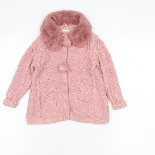 Monsoon Girls Pink Faux Fur Collar Cardigan Jumper 2-3 Years Long Sleeve