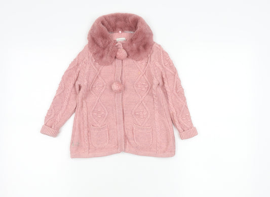 Monsoon Girls Pink Faux Fur Collar Cardigan Jumper 2-3 Years Long Sleeve