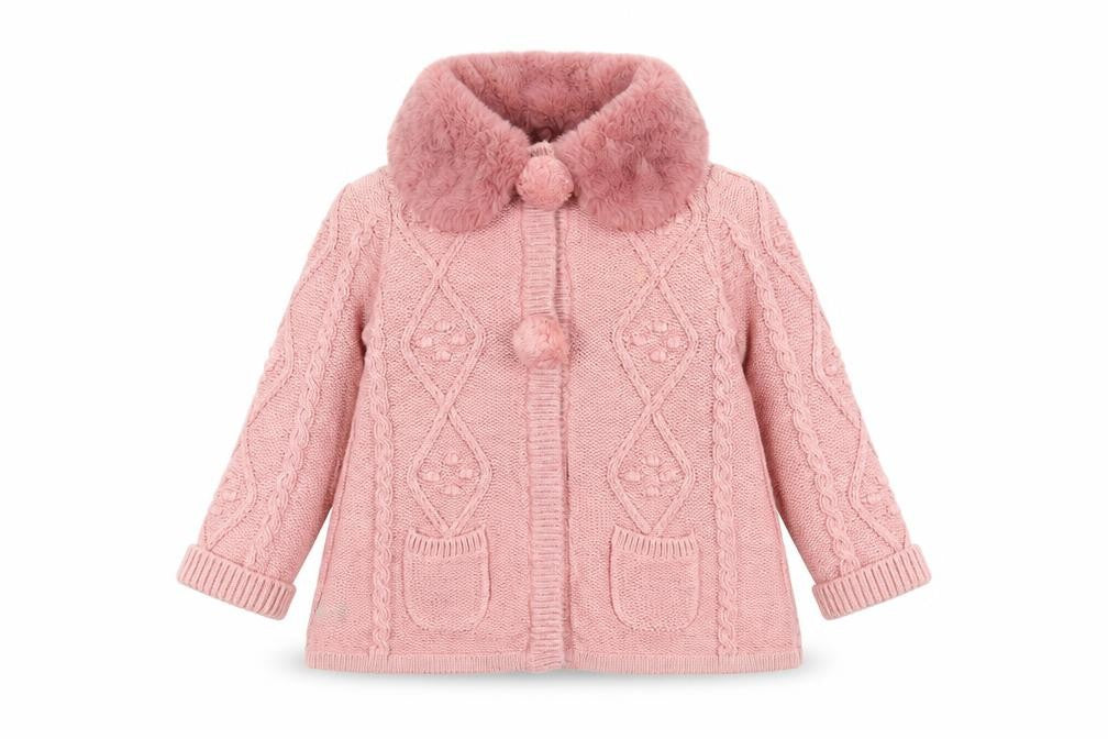 Monsoon Girls Pink Faux Fur Collar Cardigan Jumper 2-3 Years Long Sleeve