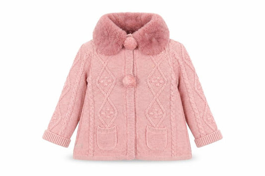 Front view of Monsoon girls’ pink faux fur collar cardigan jumper 2-3 years long sleeve