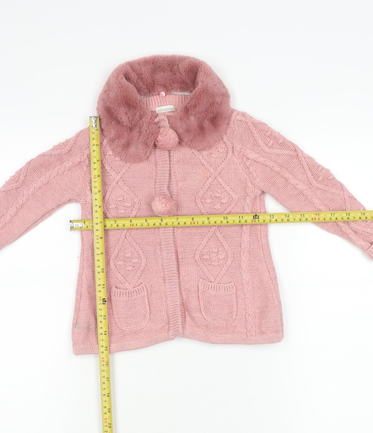 Monsoon Girls Pink Faux Fur Collar Cardigan Jumper 2-3 Years Long Sleeve
