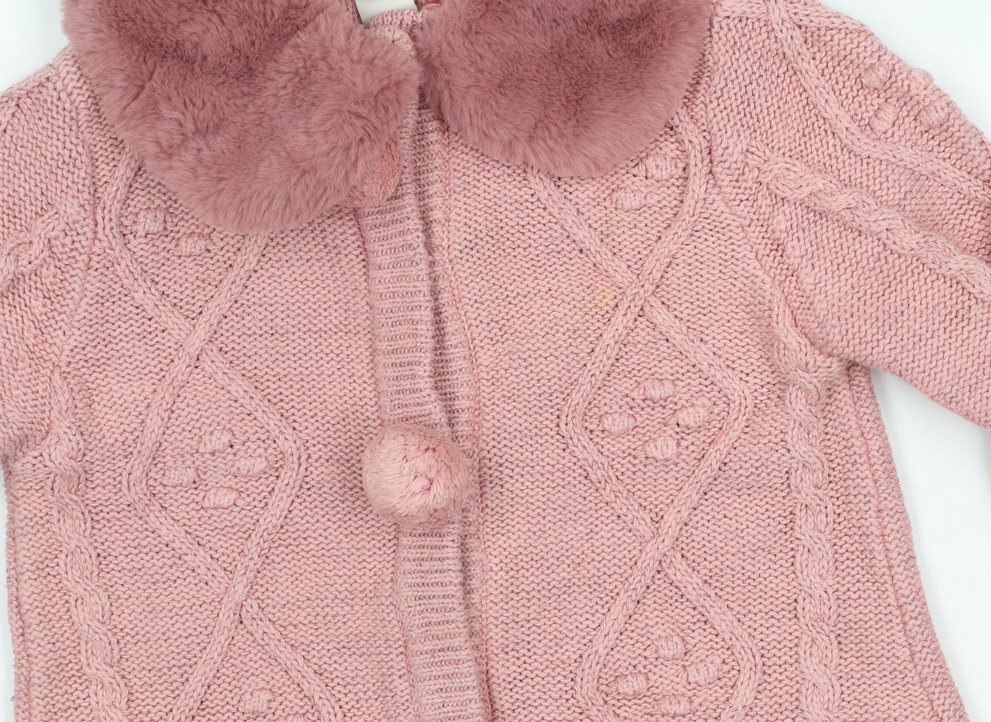 Monsoon Girls Pink Faux Fur Collar Cardigan Jumper 2-3 Years Long Sleeve