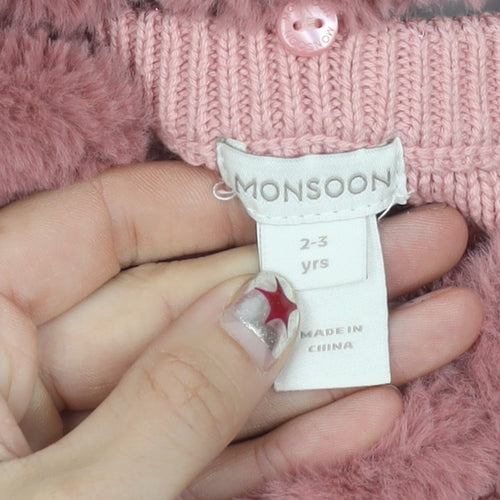 Monsoon Girls Pink Faux Fur Collar Cardigan Jumper 2-3 Years Long Sleeve
