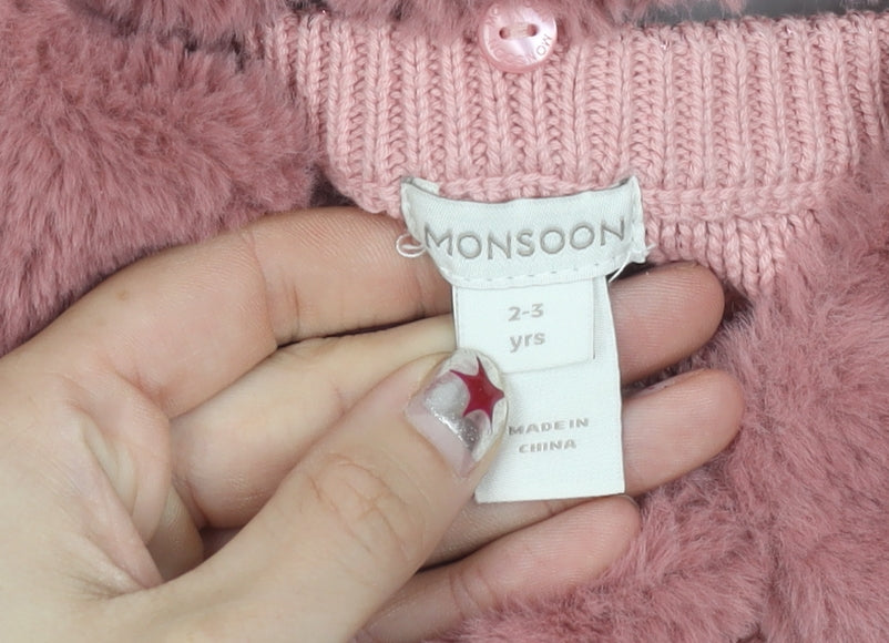 Monsoon Girls Pink Faux Fur Collar Cardigan Jumper 2-3 Years Long Sleeve
