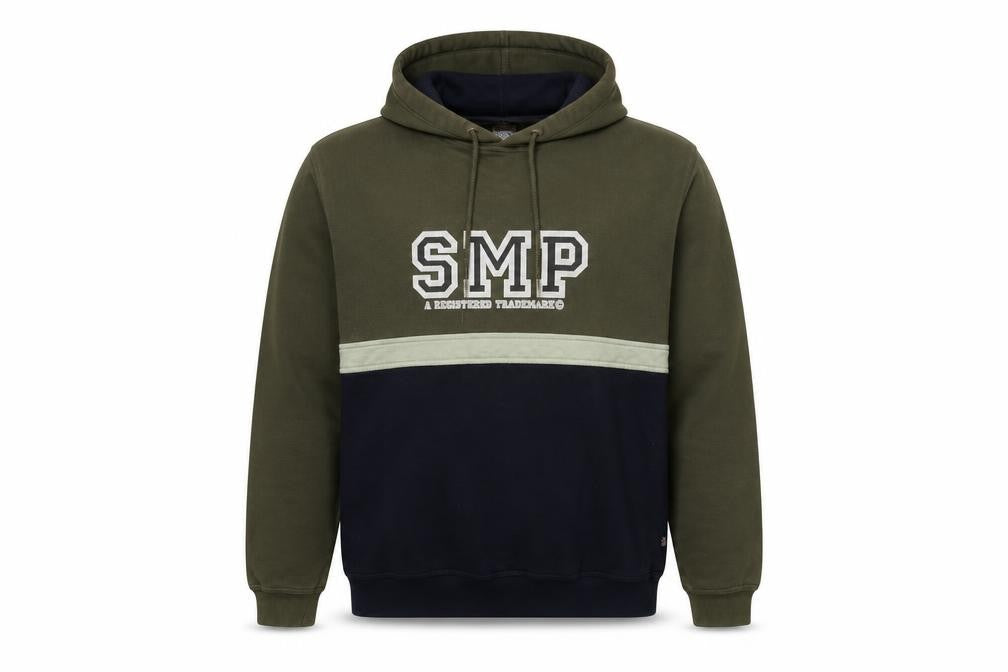 Front view of SMP Clothing men’s green blue pullover hoodie, size M, logo graphic