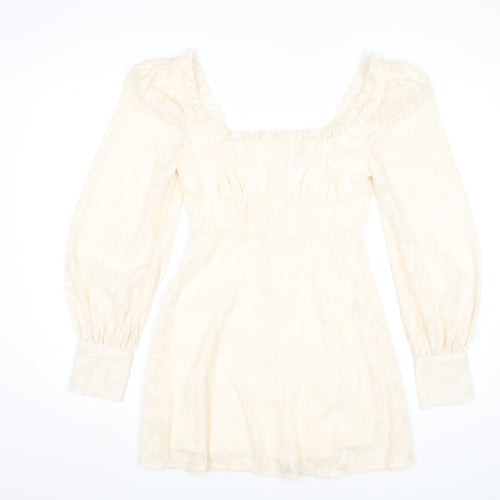 Boohoo Women Ivory Mini Dress Size 8 Puff Sleeve Square Neck Party
