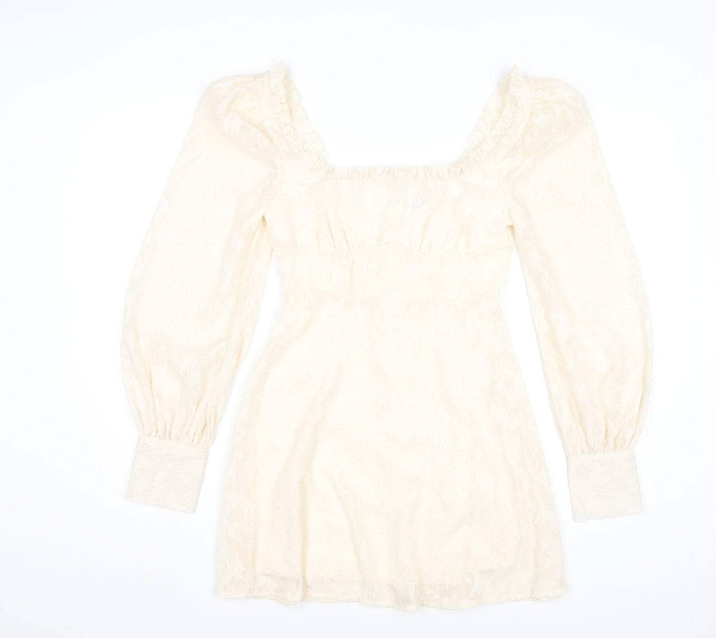 Boohoo Women Ivory Mini Dress Size 8 Puff Sleeve Square Neck Party