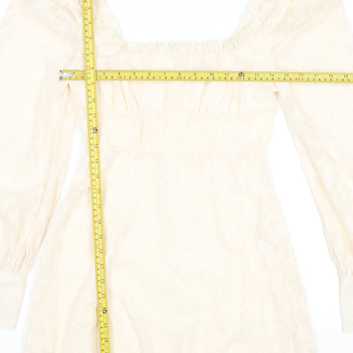 Boohoo Women Ivory Mini Dress Size 8 Puff Sleeve Square Neck Party