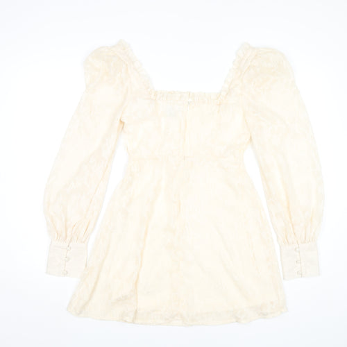 Boohoo Women Ivory Mini Dress Size 8 Puff Sleeve Square Neck Party