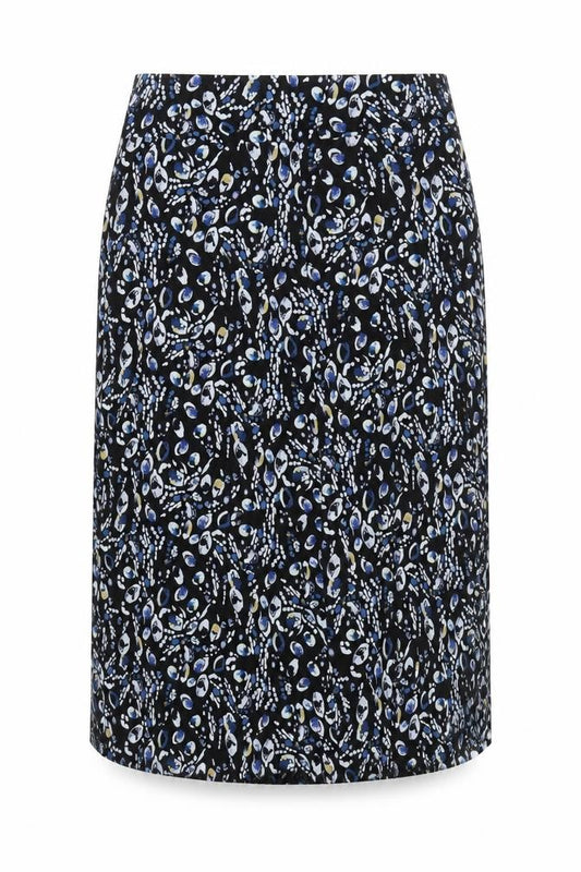 Front view of David Nieper women’s black blue floral stretch pencil skirt, size UK 14