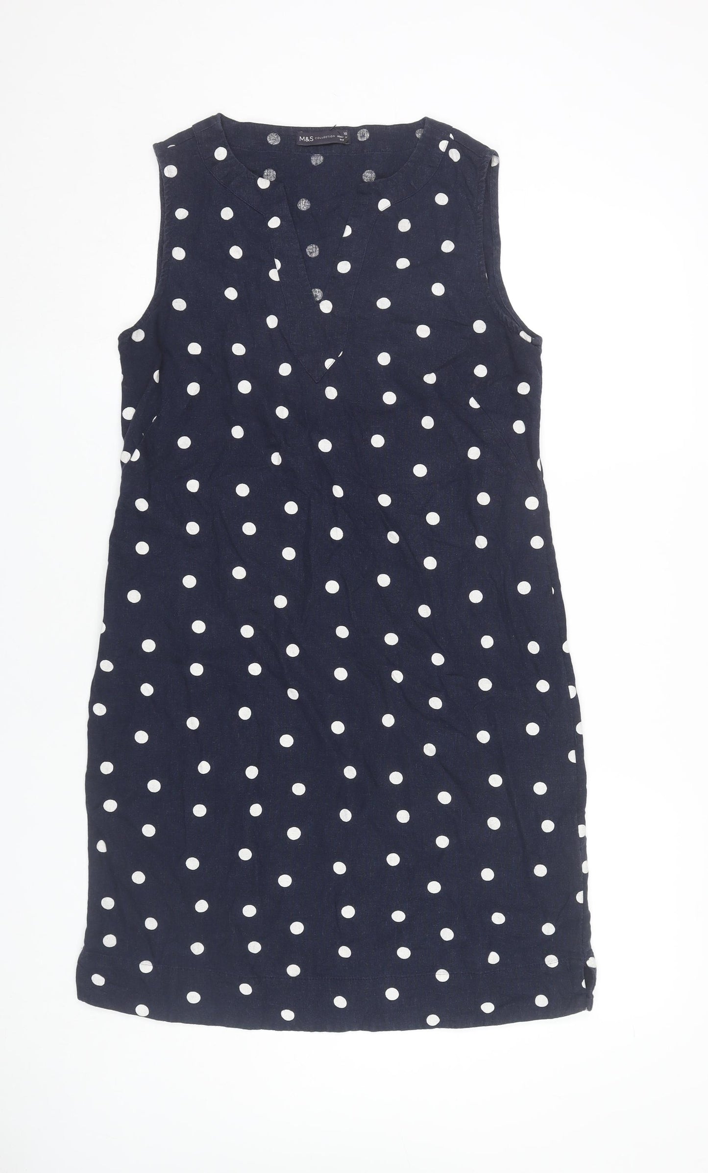Marks and Spencer Women Blue Polka Dot Linen Blend Shift Dress Size 10