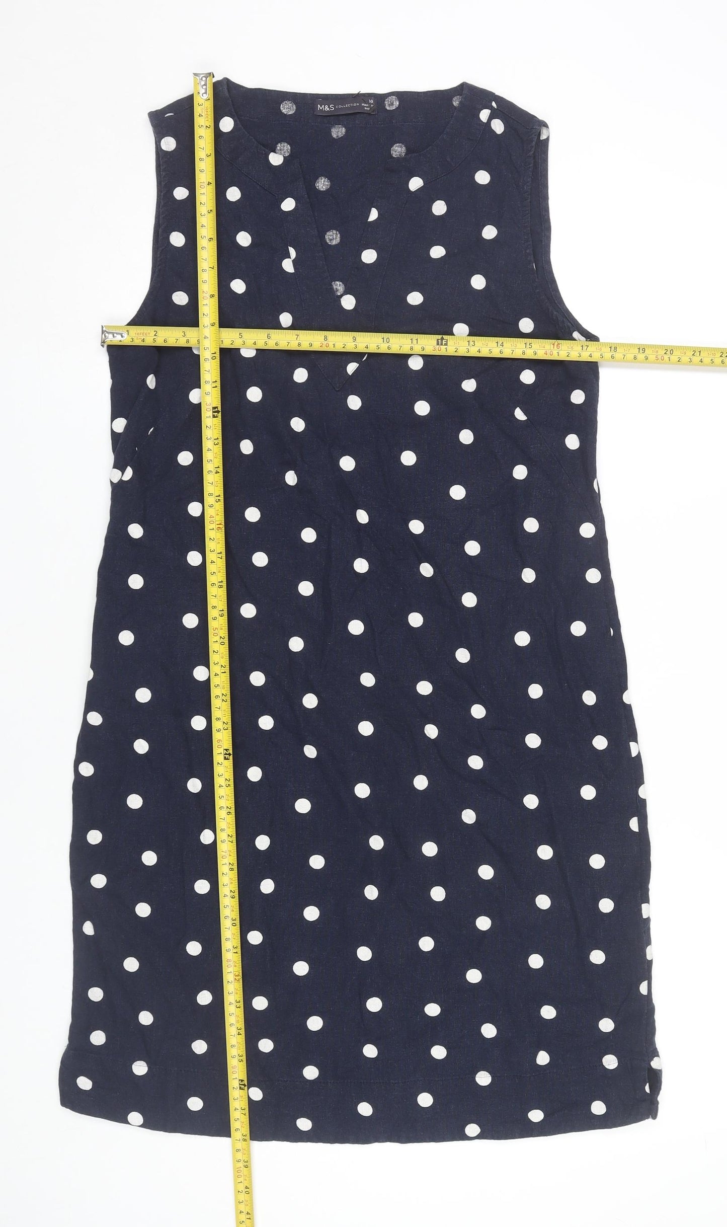 Marks and Spencer Women Blue Polka Dot Linen Blend Shift Dress Size 10