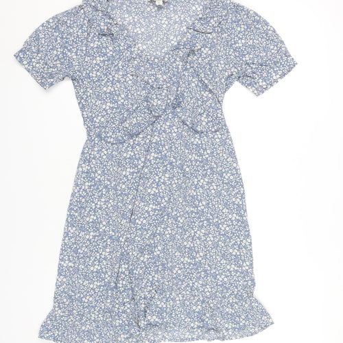 Brave Soul Women’s Blue Floral XS Wrap Dress Short Sleeve Summer