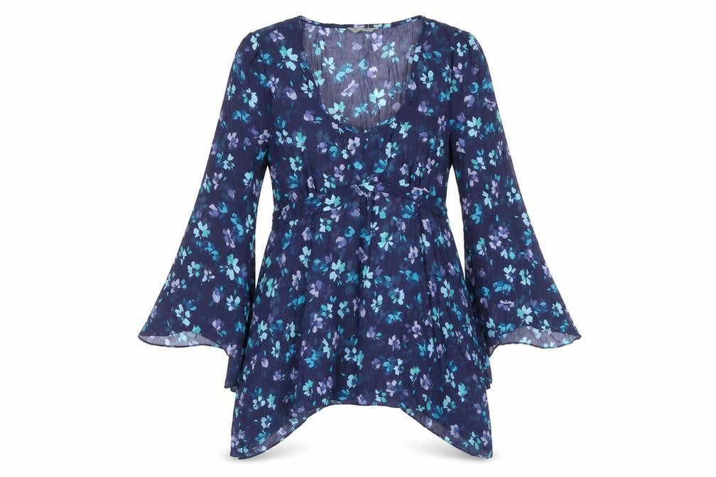 Front view of Marks & Spencer Per Una women’s blue floral tunic blouse, size UK 10