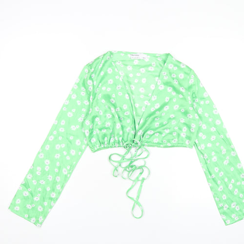 Bershka Women's Green Floral Cropped V-Neck Blouse Size S