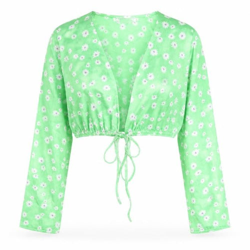 Bershka Women's Green Floral Cropped V-Neck Blouse Size S