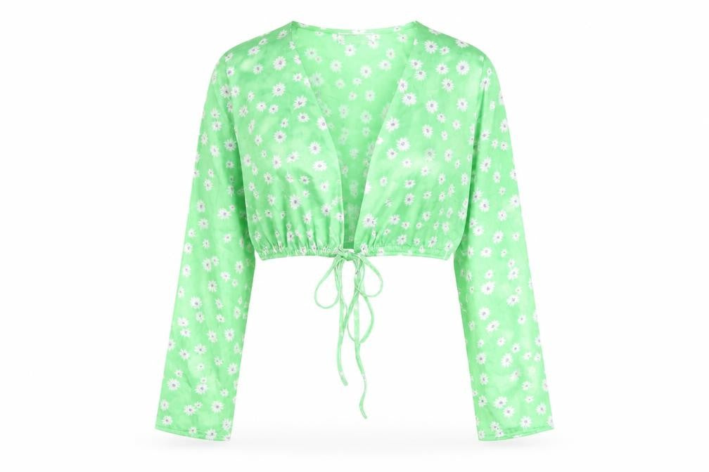 Bershka Women's Green Floral Cropped V-Neck Blouse Size S