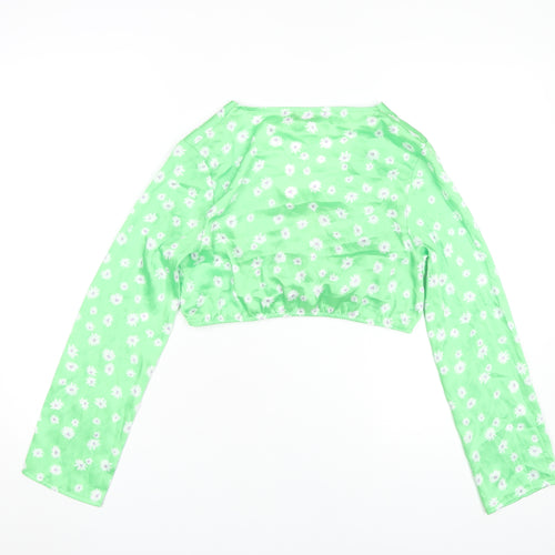 Bershka Women's Green Floral Cropped V-Neck Blouse Size S