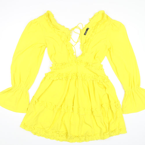 Boohoo Women Yellow Mini Dress UK 12 Ruffle V-Neck Long Sleeve Party