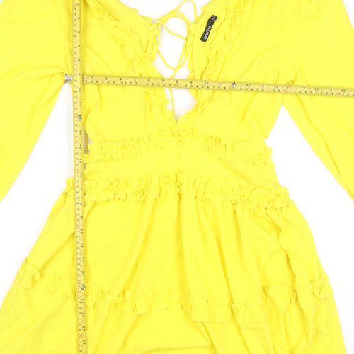 Boohoo Women Yellow Mini Dress UK 12 Ruffle V-Neck Long Sleeve Party
