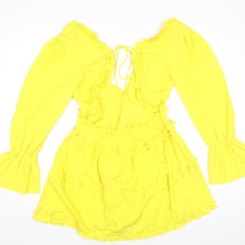 Boohoo Women Yellow Mini Dress UK 12 Ruffle V-Neck Long Sleeve Party