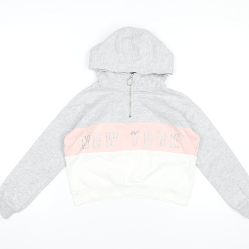 H&M Girls Grey Pink White Colourblock Hoodie 9-10Y Half Zip Hooded Sweatshirt