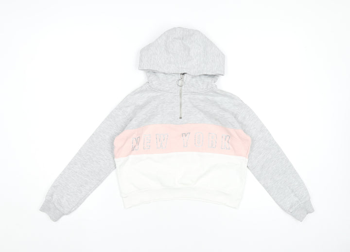 H&M Girls Grey Pink White Colourblock Hoodie 9-10Y Half Zip Hooded Sweatshirt