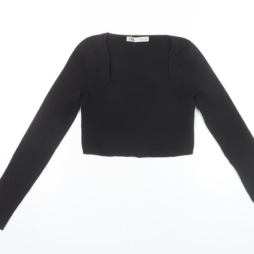 Zara Women Black Square Neck Cropped Long Sleeve Blouse Size 10