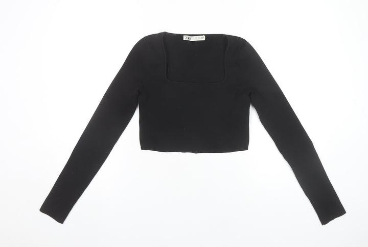 Zara Women Black Square Neck Cropped Long Sleeve Blouse Size 10