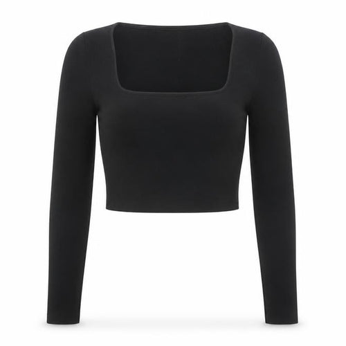 Zara Women Black Square Neck Cropped Long Sleeve Blouse Size 10