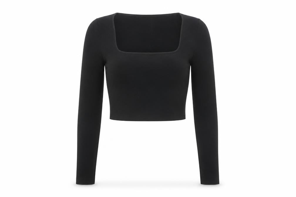 Zara Women Black Square Neck Cropped Long Sleeve Blouse Size 10