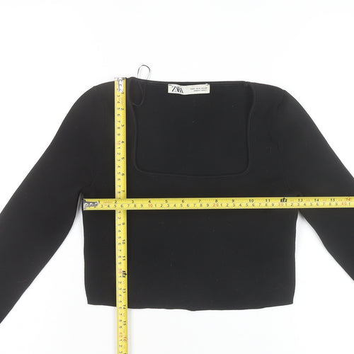 Zara Women Black Square Neck Cropped Long Sleeve Blouse Size 10