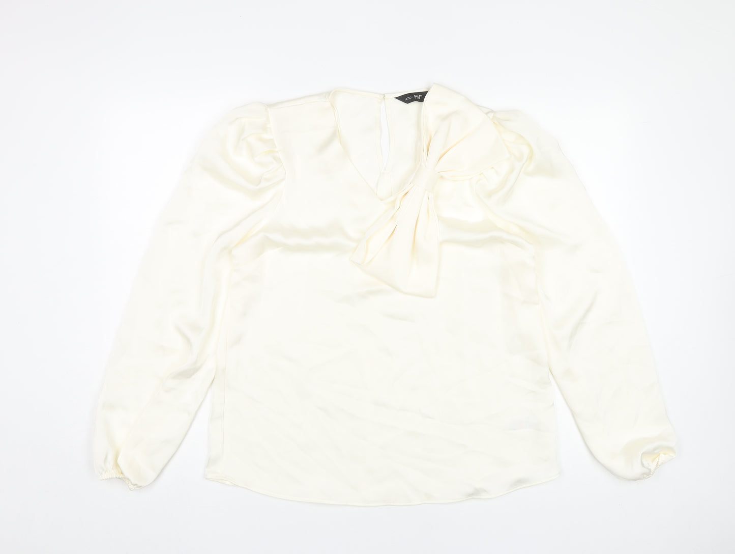 F&F Women’s Ivory Long Sleeve Puff Sleeve Bow Blouse UK 12