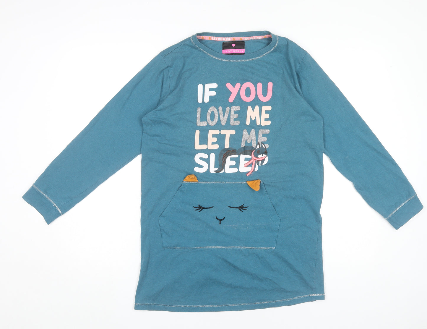 Lady Genny Womens Blue Cotton Long Sleeve Funny Cat Nightshirt S