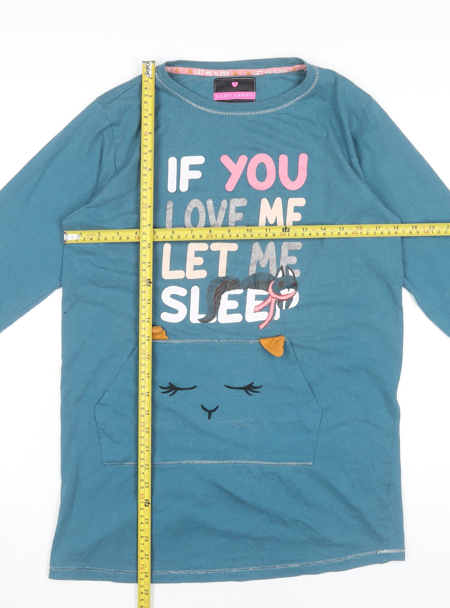 Lady Genny Womens Blue Cotton Long Sleeve Funny Cat Nightshirt S