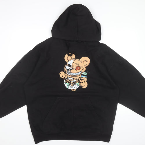 boohooMAN Men’s Black Pullover Hoodie Medium Cartoon Graphic Print