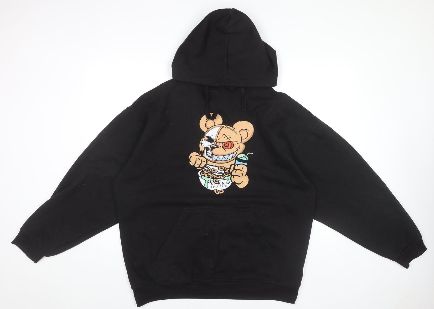 boohooMAN Men’s Black Pullover Hoodie Medium Cartoon Graphic Print