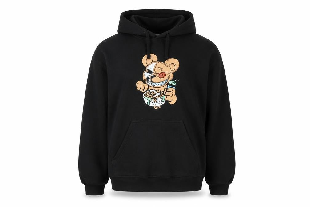 Front view of boohooMAN Men’s Black Pullover Hoodie Medium Cartoon Graphic Print