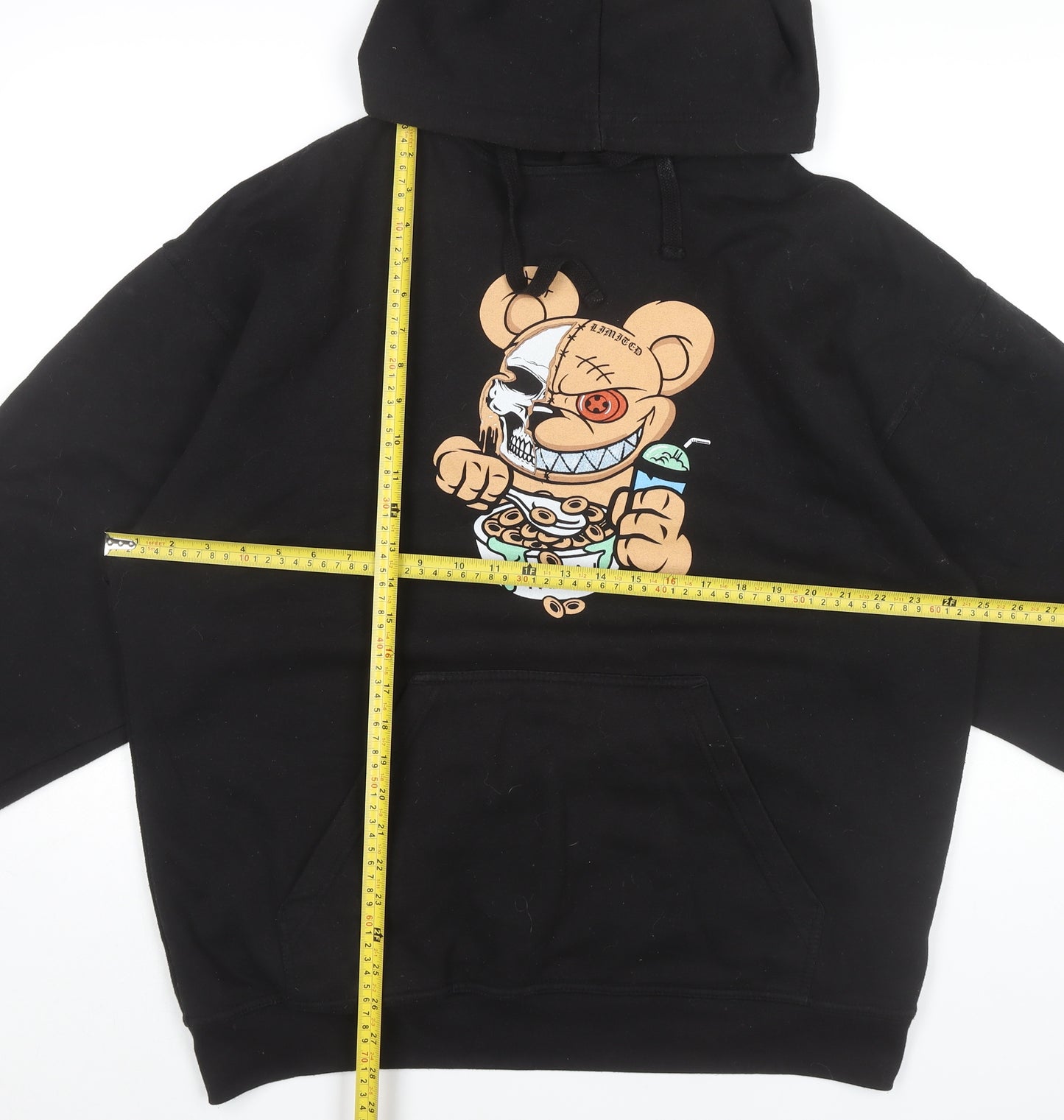 boohooMAN Men’s Black Pullover Hoodie Medium Cartoon Graphic Print