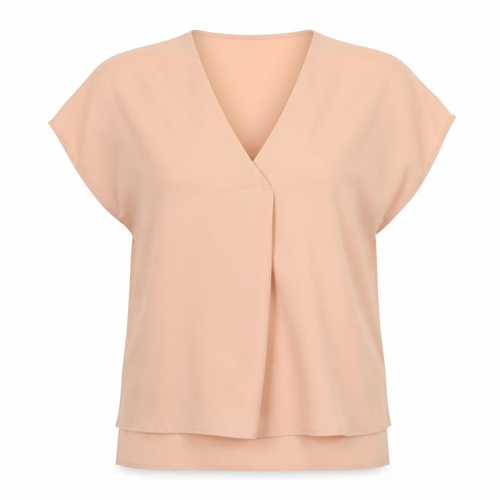 Front view of French Connection women’s beige tunic blouse m v-neck sleeveless