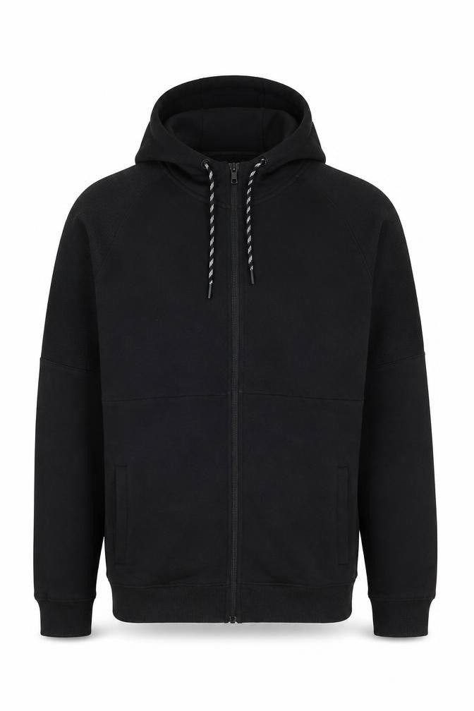 Front view of U.S. Athletic Men’s Black Full Zip Hoodie, size M, Regular Fit