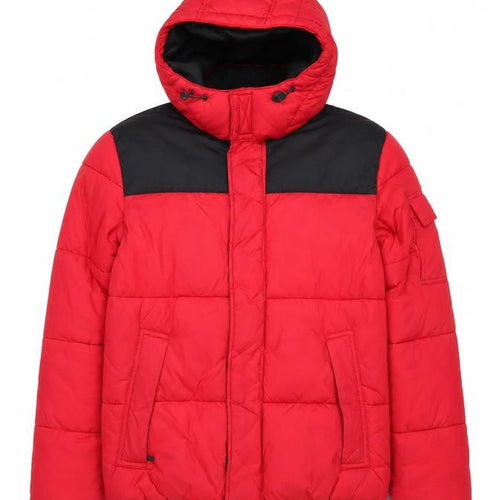 H&M Men’s Red Puffer Jacket S Hooded Quilted Insulated Winter Coat