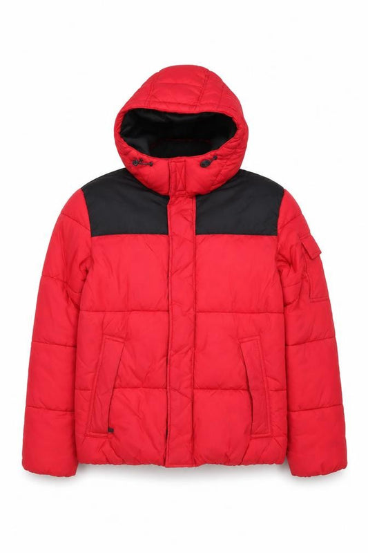 Front view of H&M Men’s Red Puffer Jacket S Hooded Quilted Insulated Winter Coat