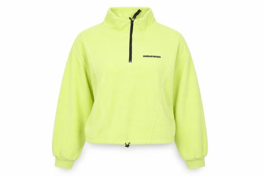 Front view of H&M Divided women’s green fleece sweatshirt m 1/2 zip human being logo
