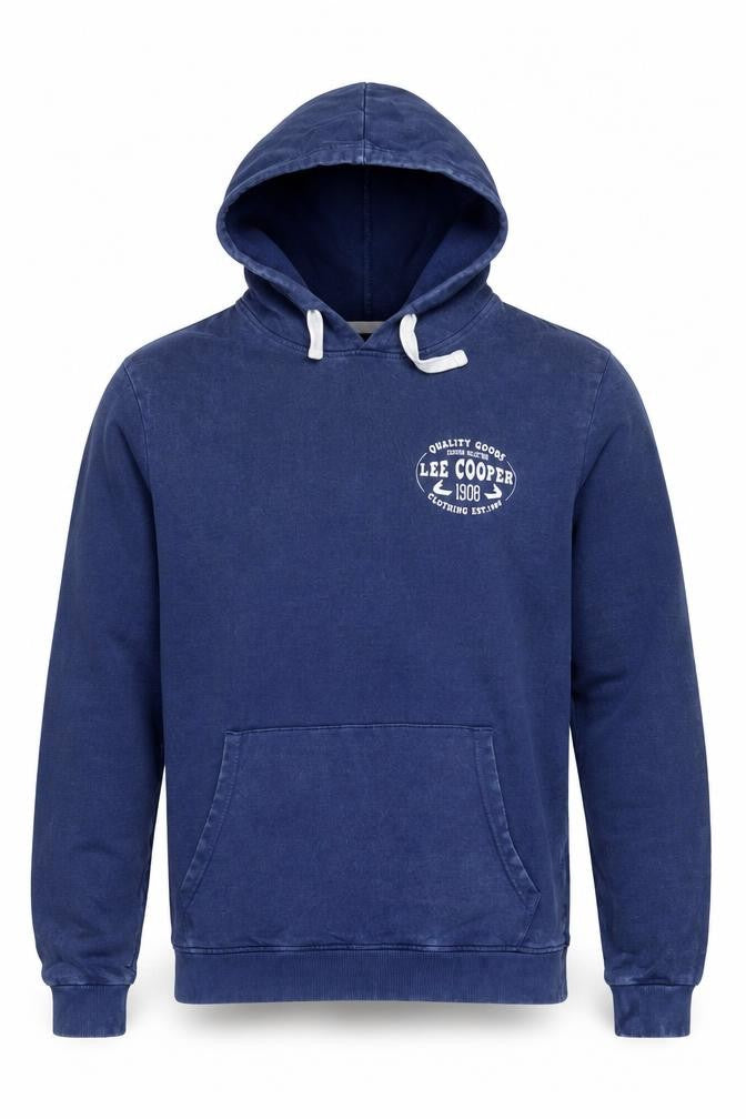 Front view of Lee Cooper Men’s Blue Pullover Hoodie XL Logo Print Cotton Blend