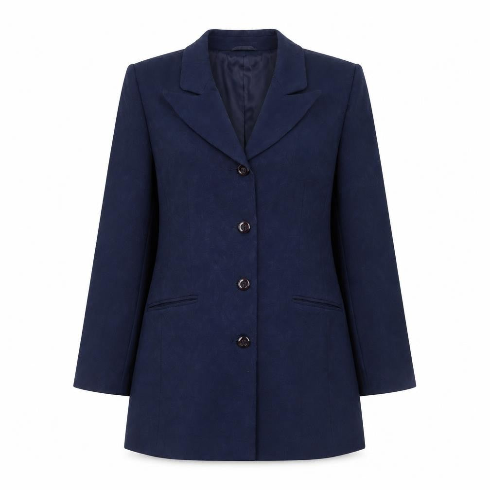 Front view of Helline Women’s Blue Long Suit Jacket, size UK 12, Single Breasted